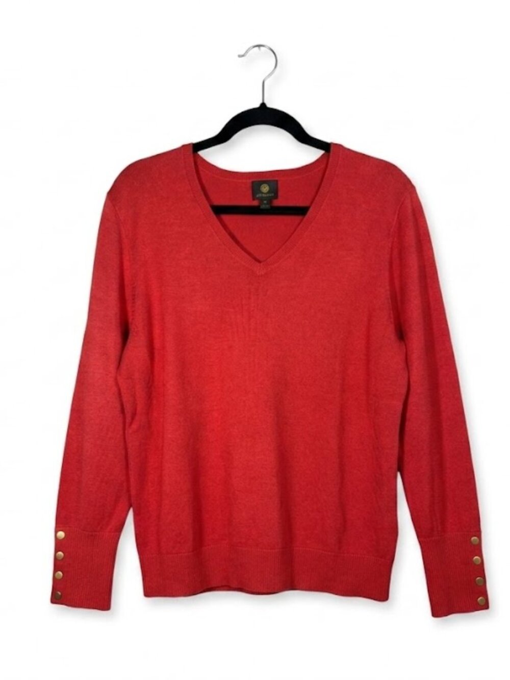 JM Collection Red V-Neck Sweater Gold Button Cuffs / XL